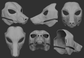 A collection of 3D rendered, light grey images showing different angles of a wolf/canine head base designed for fursuits, displaying the front, side, and back views against a dark grey background.
