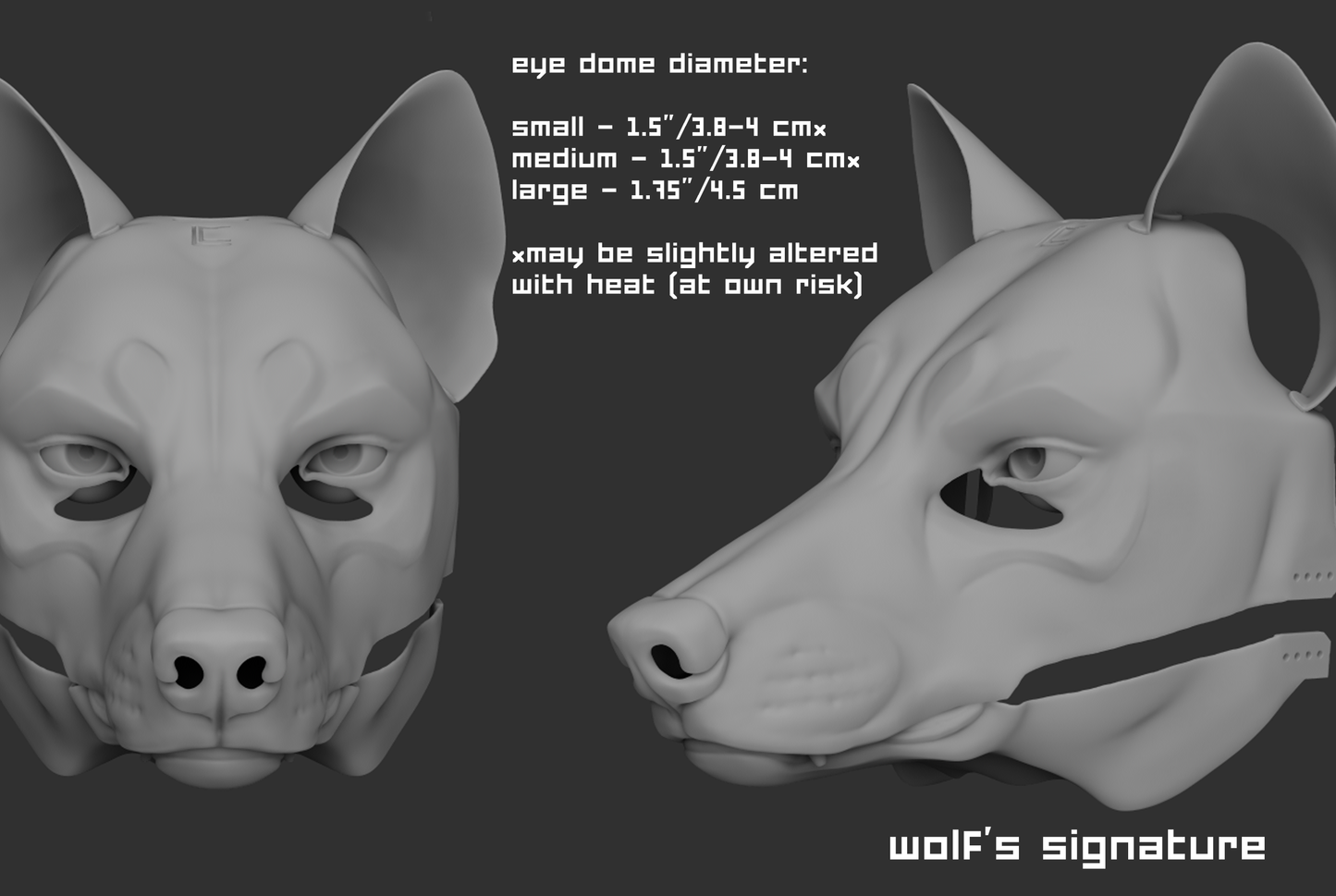 3D rendered example of a "signature" humanoid realistic eye style on a wolf/canine mask or fursuit base on a dark grey background.