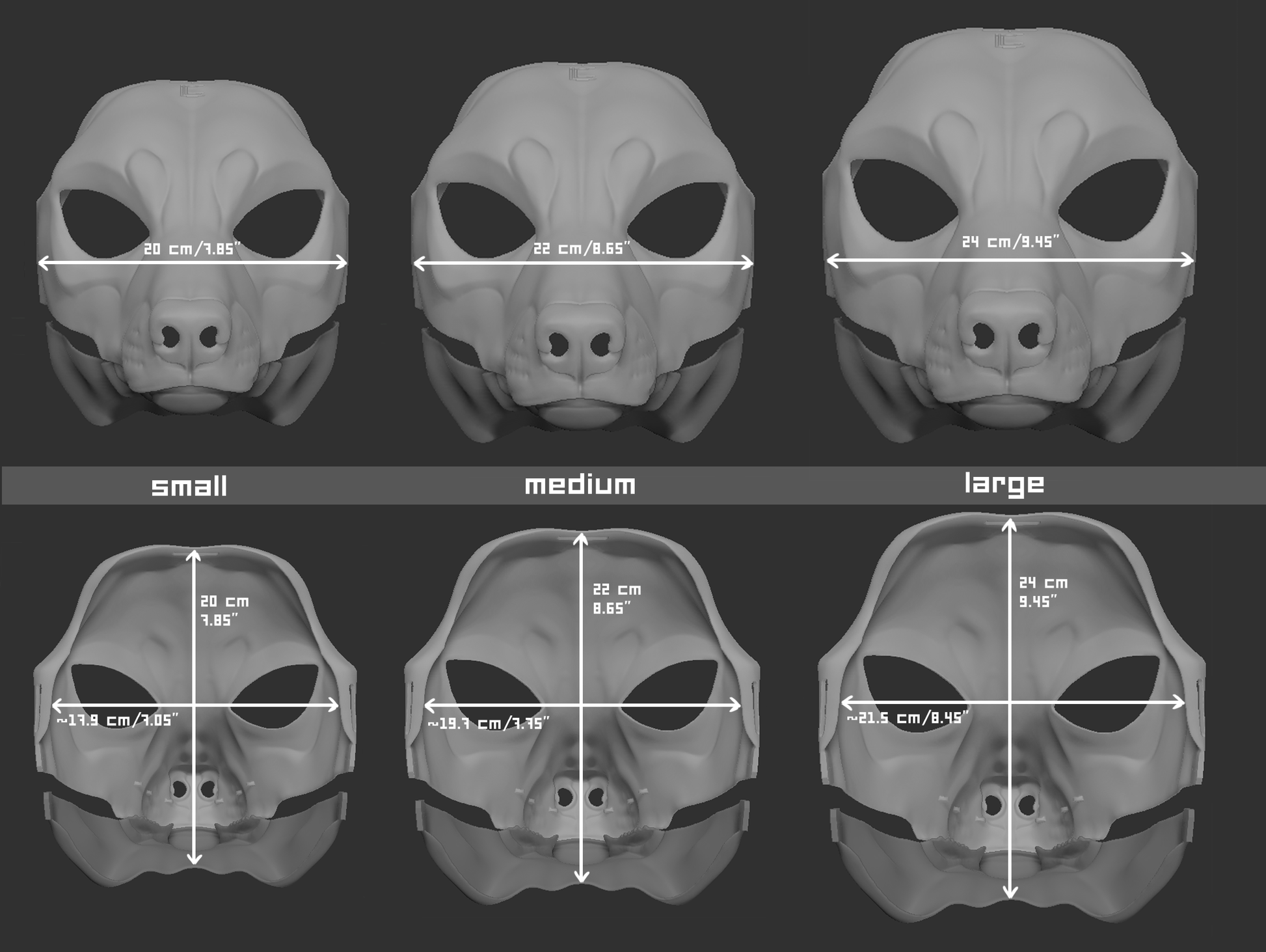 Size chart for a wolf/canine mask or fursuit base featuring three 3D light grey renderings with measurements labeled for small, medium, and large sizes on a dark grey background.