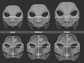 Size chart for a wolf/canine mask or fursuit base featuring three 3D light grey renderings with measurements labeled for small, medium, and large sizes on a dark grey background.