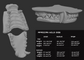 Two light grey 3D renderings of an african wild dog fursuit jawset showcasing the jaws open and closed against a dark grey background; a size chart and measurements are shown to the right.