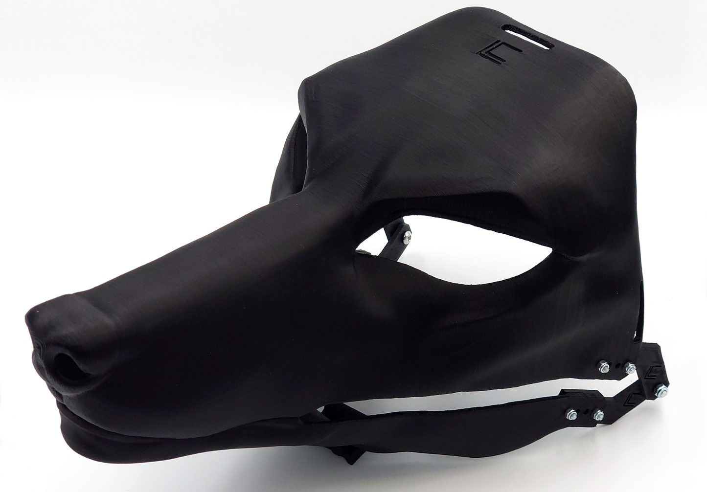 Photo showing a black, plastic 3D printed Anubis/Anubian jackal fursuit head base complete with metal hardware at a 3/4 angle against a white background.