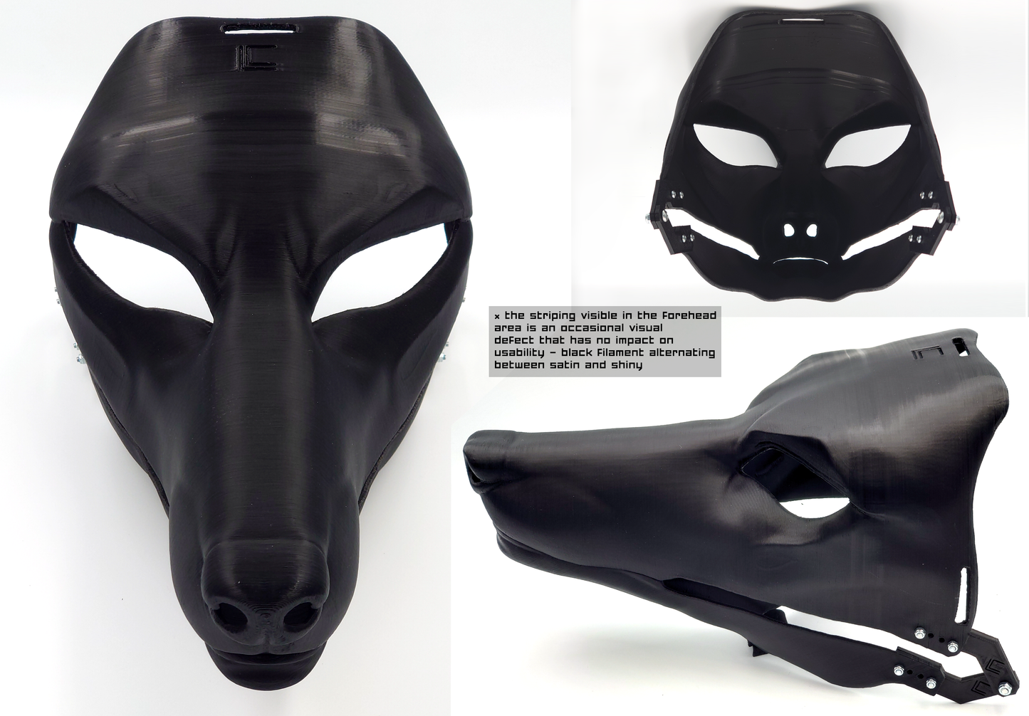 Photo collage showing a black, plastic 3D printed Anubis/Anubian jackal fursuit head base complete with metal hardware featuring a front, side, and back view against a white background.