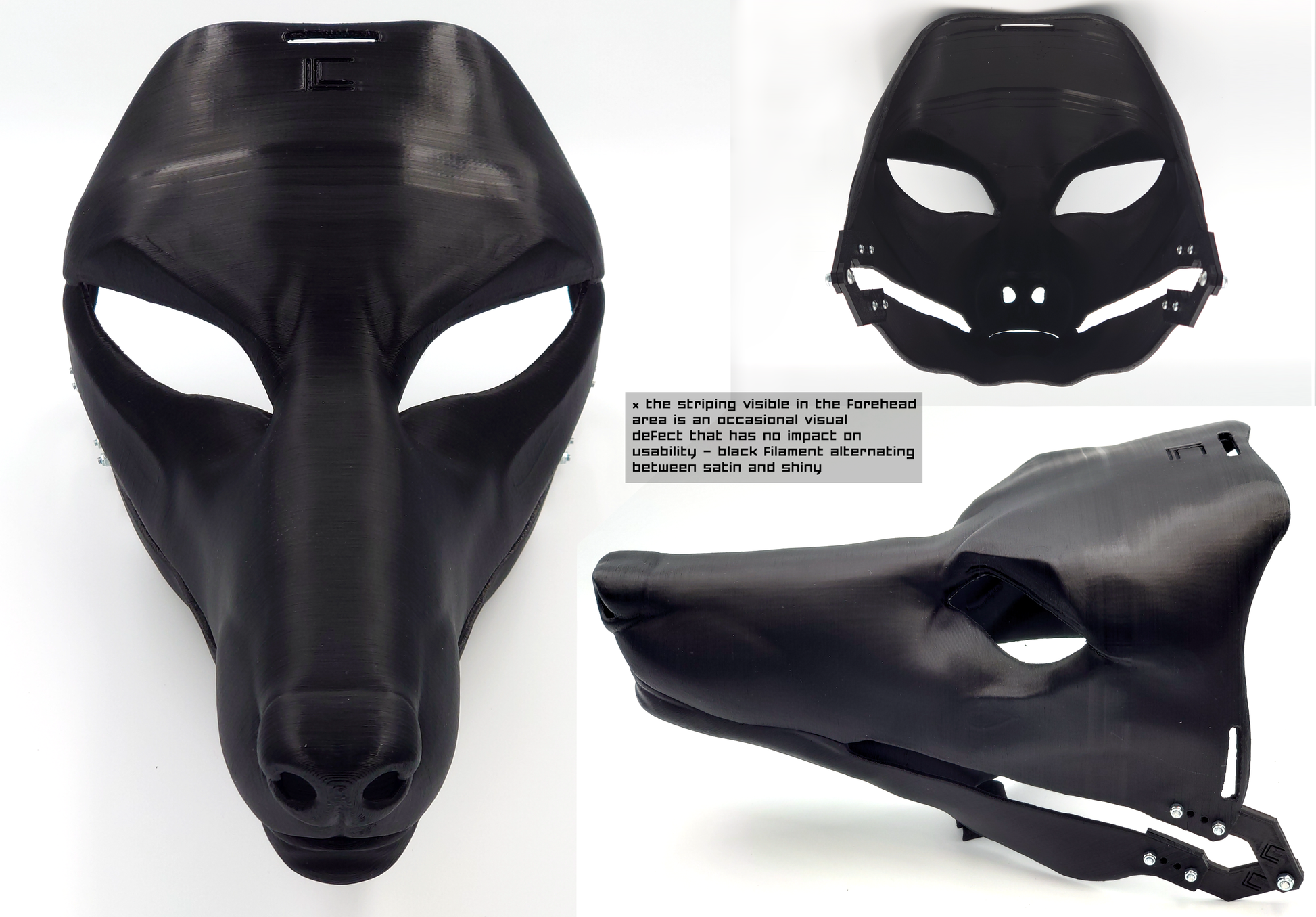 Photo collage showing a black, plastic 3D printed Anubis/Anubian jackal fursuit head base complete with metal hardware featuring a front, side, and back view against a white background.