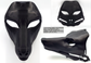 Photo collage showing a black, plastic 3D printed Anubis/Anubian jackal fursuit head base complete with metal hardware featuring a front, side, and back view against a white background.