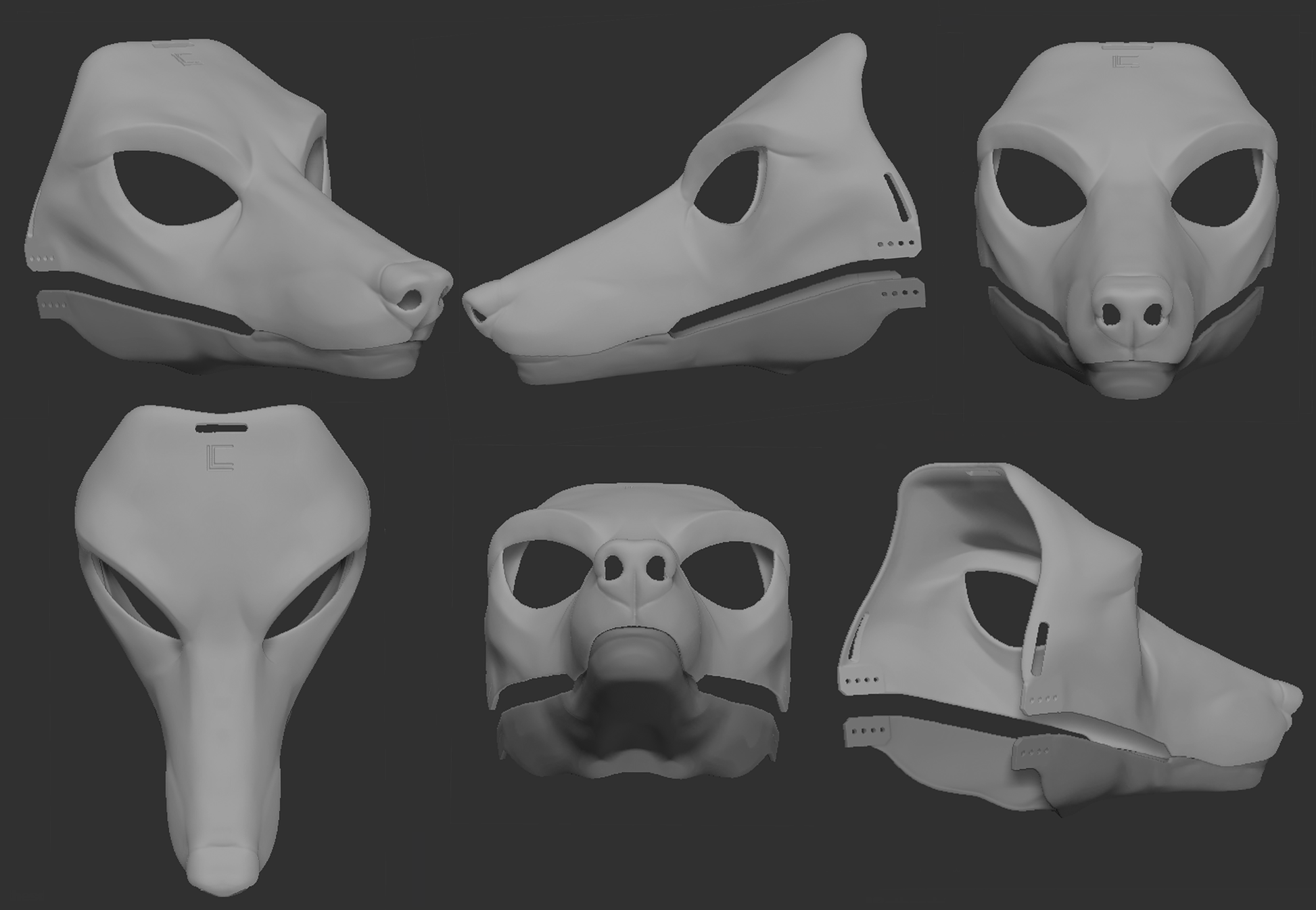 A collection of 3D rendered, light grey images showing different angles of an Anubis/Anubian jackal head base designed for fursuits, displaying the front, side, and back views against a dark grey background.