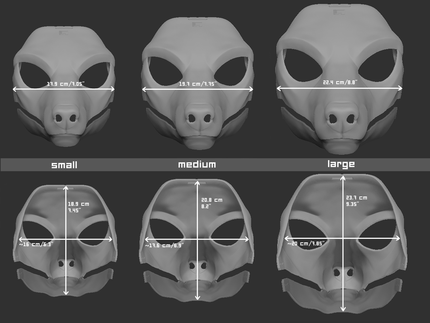 Size chart for an Anubis/Anubian jackal mask or fursuit base featuring three 3D light grey renderings with measurements labeled for small, medium, and large sizes on a dark grey background.
