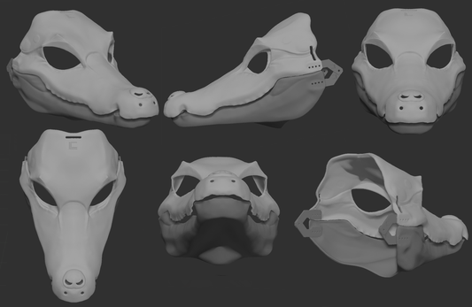 A collection of 3D rendered, light grey images showing different angles of a caiman head base designed for fursuits, displaying the front, side, and back views against a dark grey background.