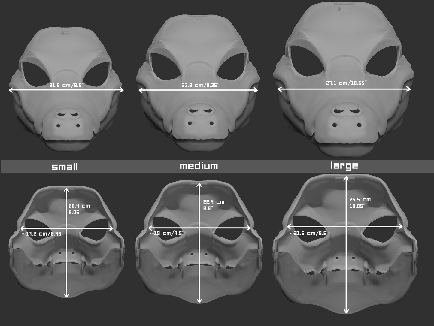 Size chart for a caiman mask or fursuit base featuring three 3D light grey renderings with measurements labeled for small, medium, and large sizes on a dark grey background.