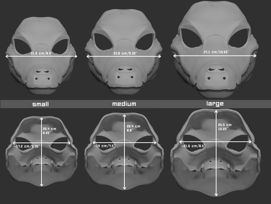 Size chart for a caiman mask or fursuit base featuring three 3D light grey renderings with measurements labeled for small, medium, and large sizes on a dark grey background.