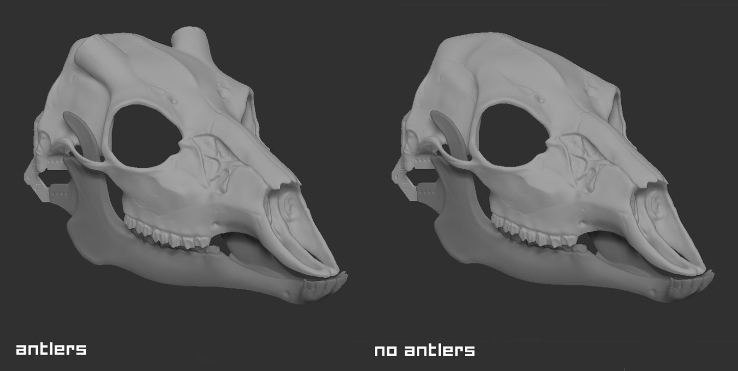 Light grey 3D renderings of a deer skull fursuit base showing the differences between a model with or without antler bases against a dark grey background.