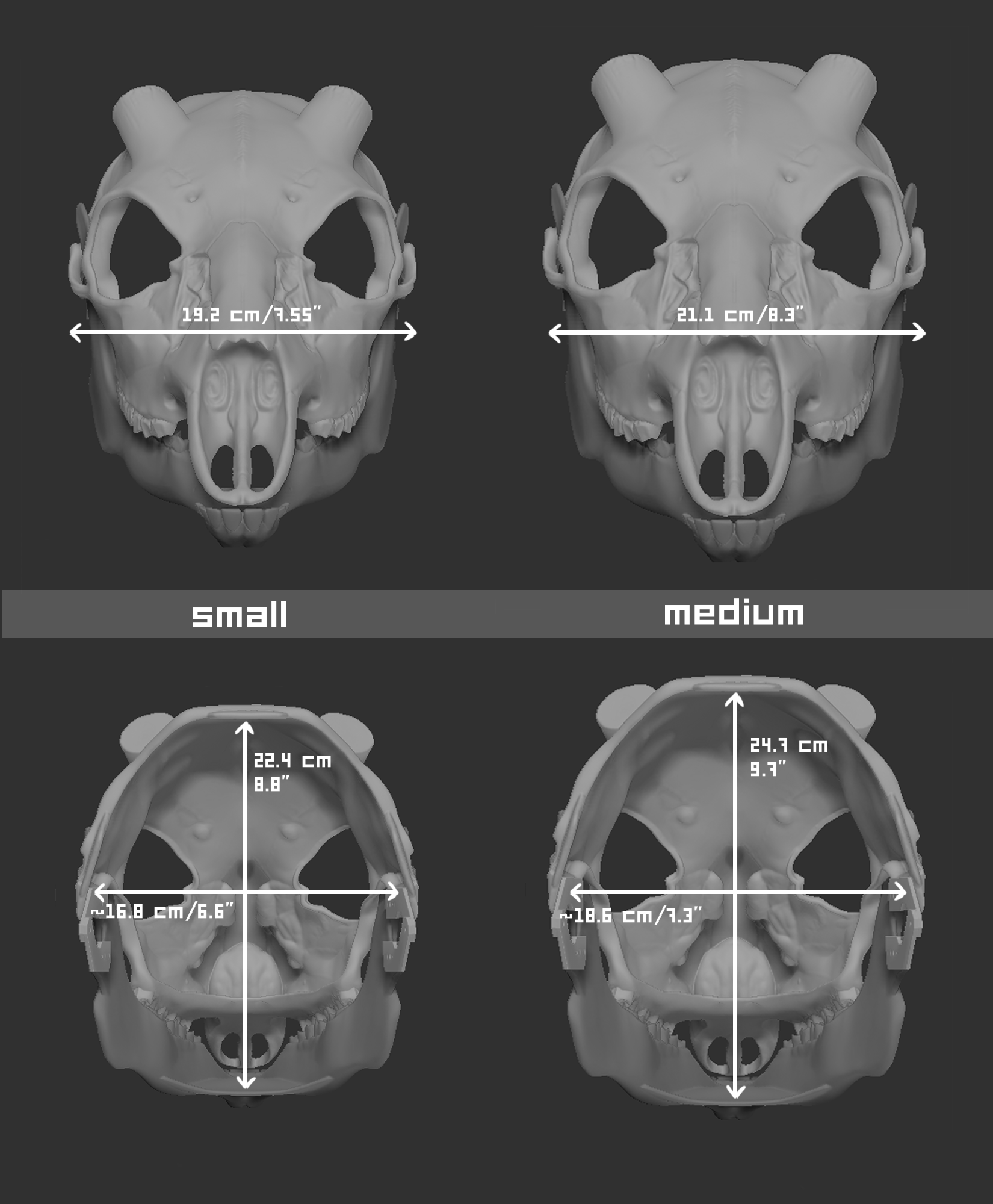 Size chart for a deer skull fursuit base featuring two 3D light grey renderings with measurements labeled for small and medium sizes on a dark grey background.