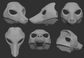 A collection of 3D rendered, light grey images showing different angles of a fox head base designed for fursuits, displaying the front, side, and back views against a dark grey background.