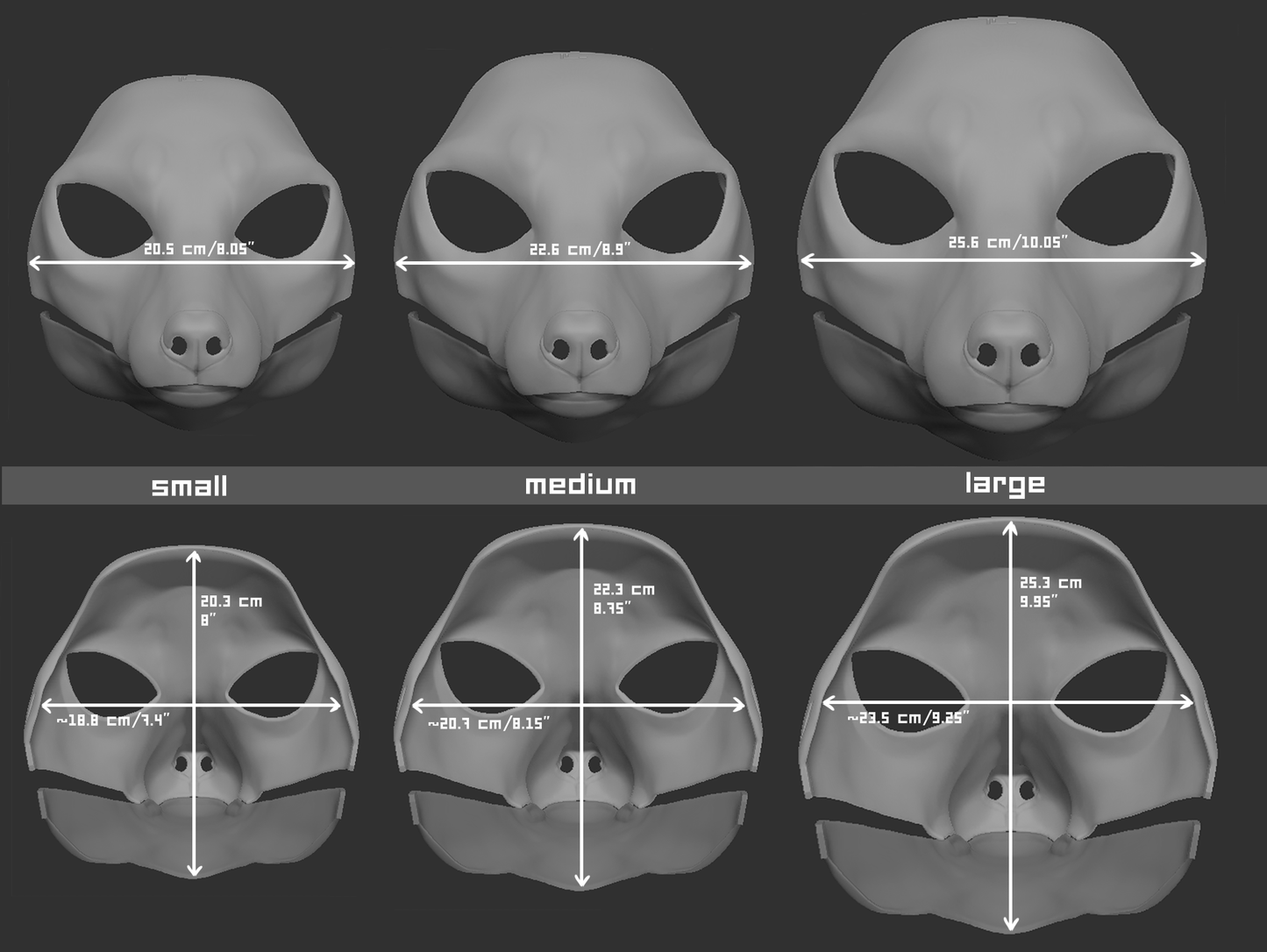 Size chart for a fox mask or fursuit base featuring three 3D light grey renderings with measurements labeled for small, medium, and large sizes on a dark grey background.