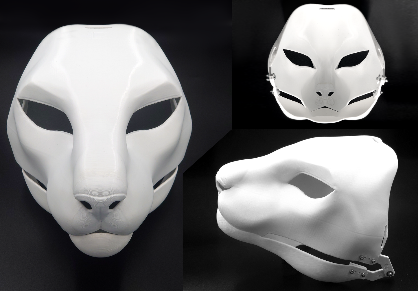 Photo collage showing a white, plastic 3D printed oriental cat fursuit head base complete with metal hardware featuring a front, side, and back view against a black background.