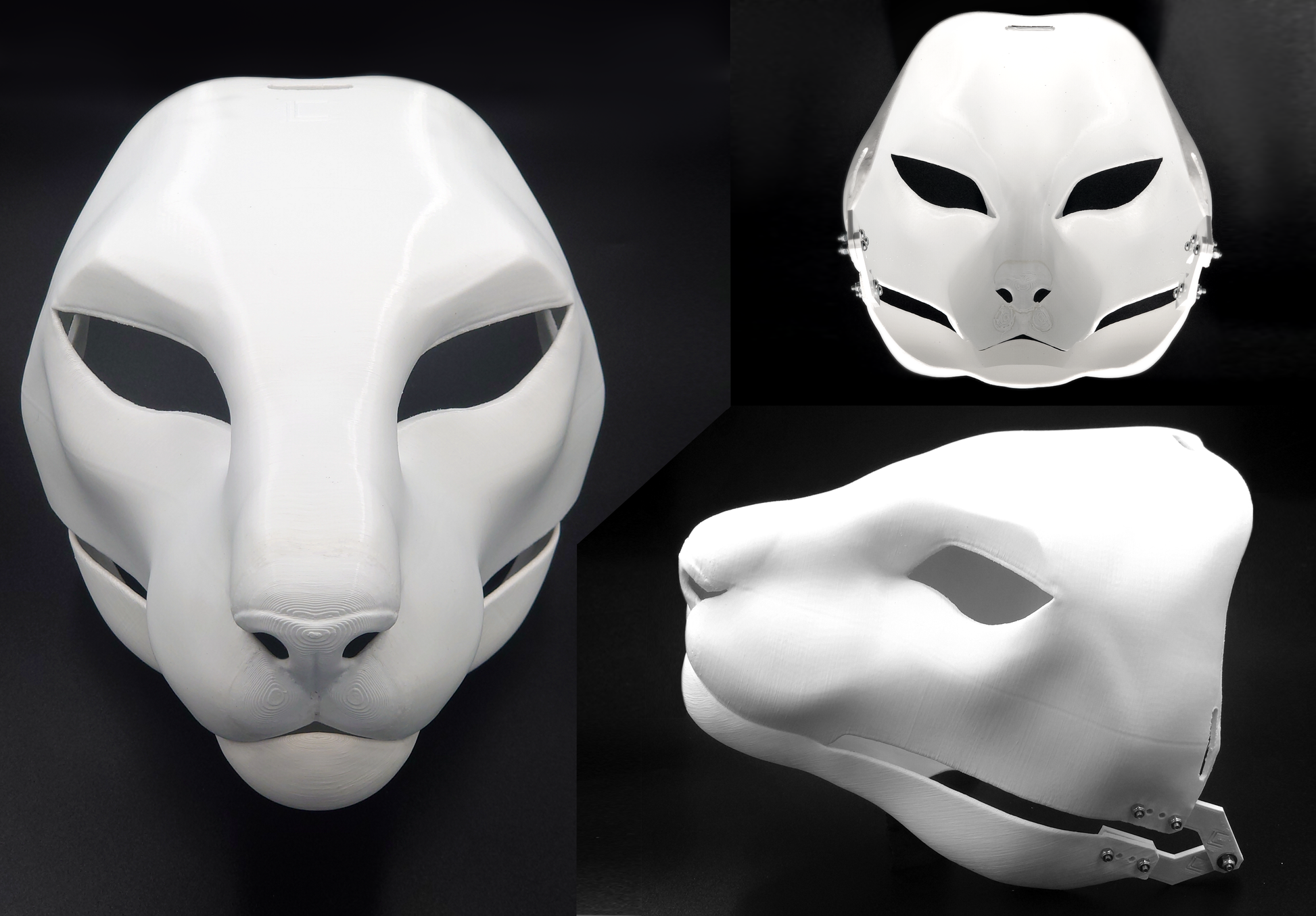 Photo collage showing a white, plastic 3D printed oriental cat fursuit head base complete with metal hardware featuring a front, side, and back view against a black background.