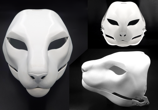 Photo collage showing a white, plastic 3D printed oriental cat fursuit head base complete with metal hardware featuring a front, side, and back view against a black background.