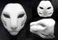 Photo collage showing a white, plastic 3D printed oriental cat fursuit head base complete with metal hardware featuring a front, side, and back view against a black background.