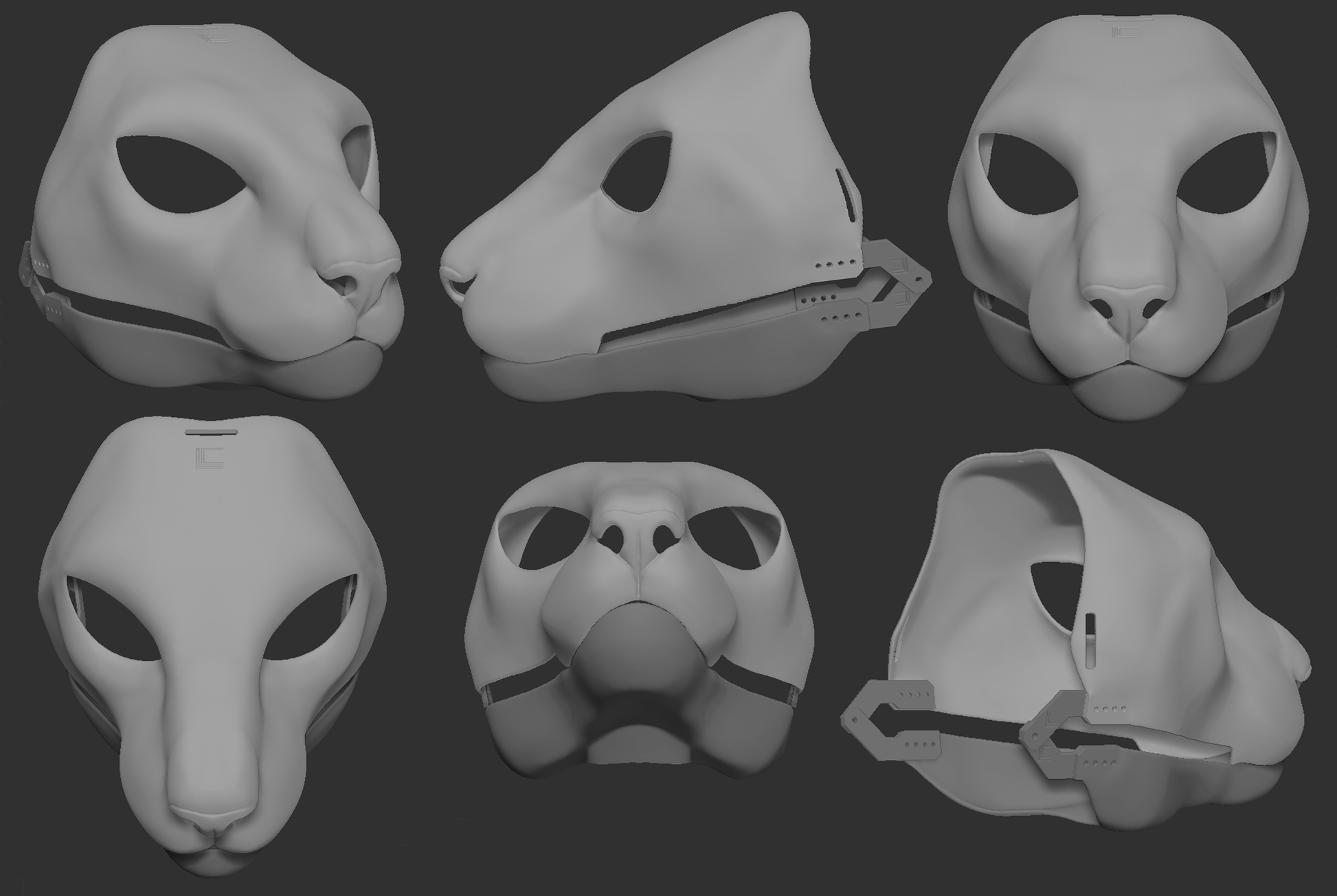 A collection of 3D rendered, light grey images showing different angles of an oriental cat head base designed for fursuits, displaying the front, side, and back views against a dark grey background.