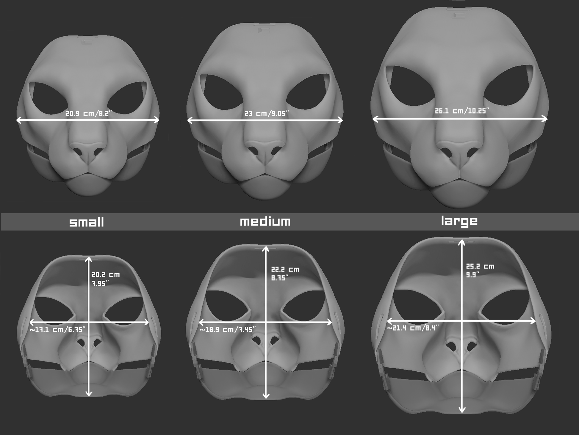 Size chart for an oriental cat mask or fursuit base featuring three 3D light grey renderings with measurements labeled for small, medium, and large sizes on a dark grey background.