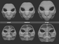 Size chart for an oriental cat mask or fursuit base featuring three 3D light grey renderings with measurements labeled for small, medium, and large sizes on a dark grey background.