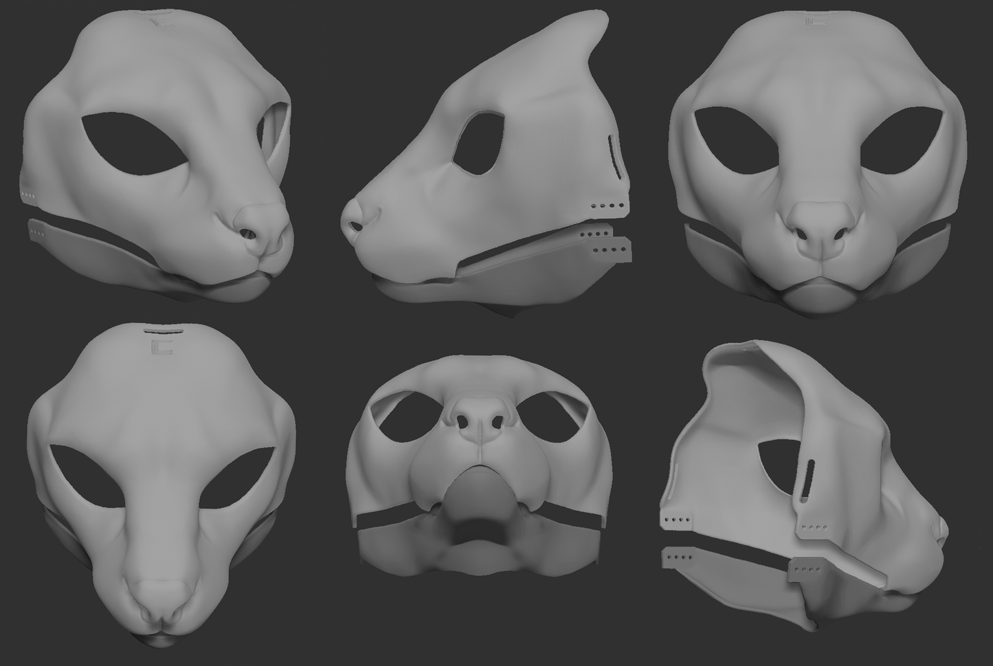A collection of 3D rendered, light grey images showing different angles of a serval head base designed for fursuits, displaying the front, side, and back views against a dark grey background.