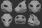 A collection of 3D rendered, light grey images showing different angles of a serval head base designed for fursuits, displaying the front, side, and back views against a dark grey background.