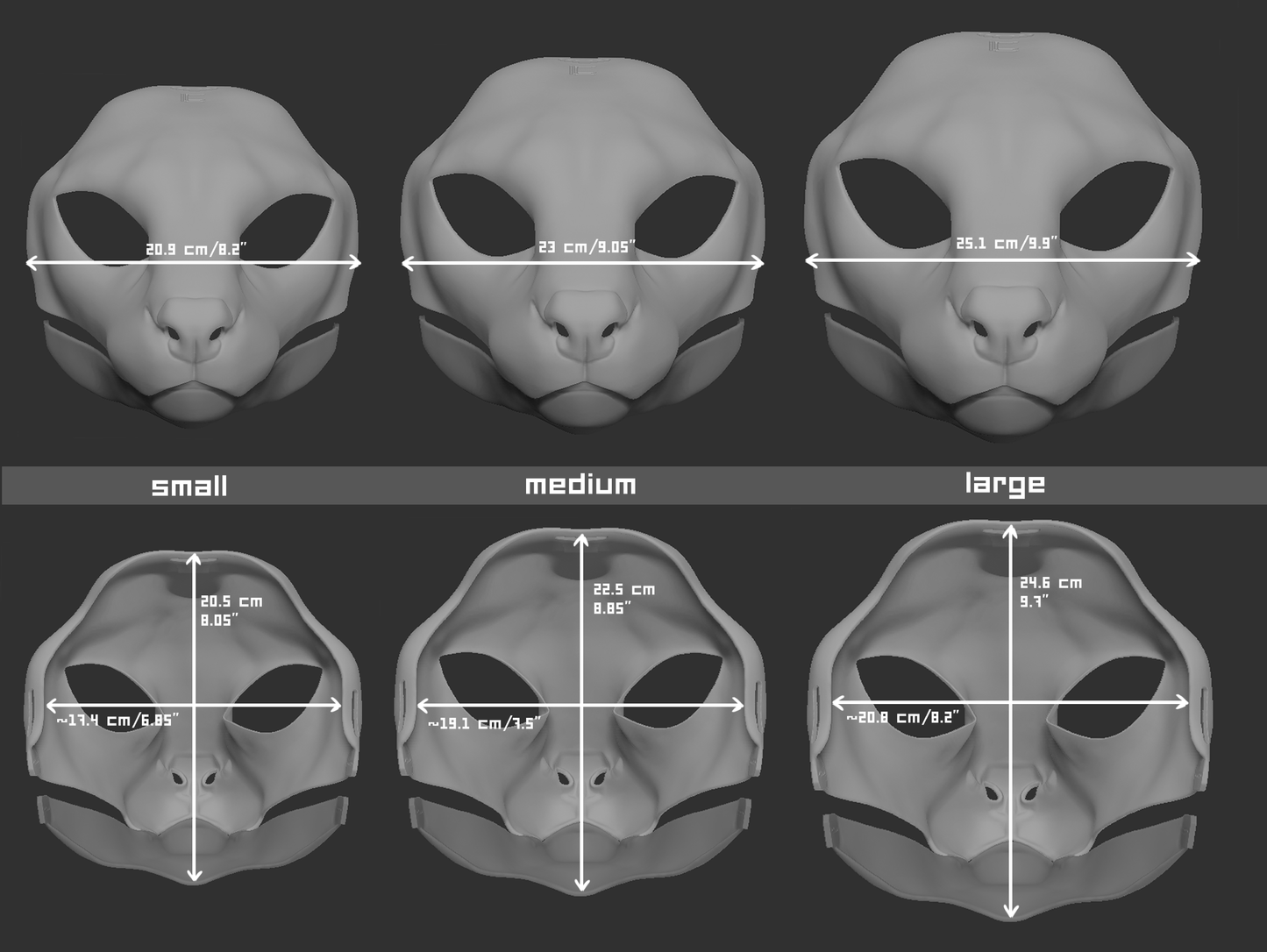 Size chart for a serval mask or fursuit base featuring three 3D light grey renderings with measurements labeled for small, medium, and large sizes on a dark grey background.