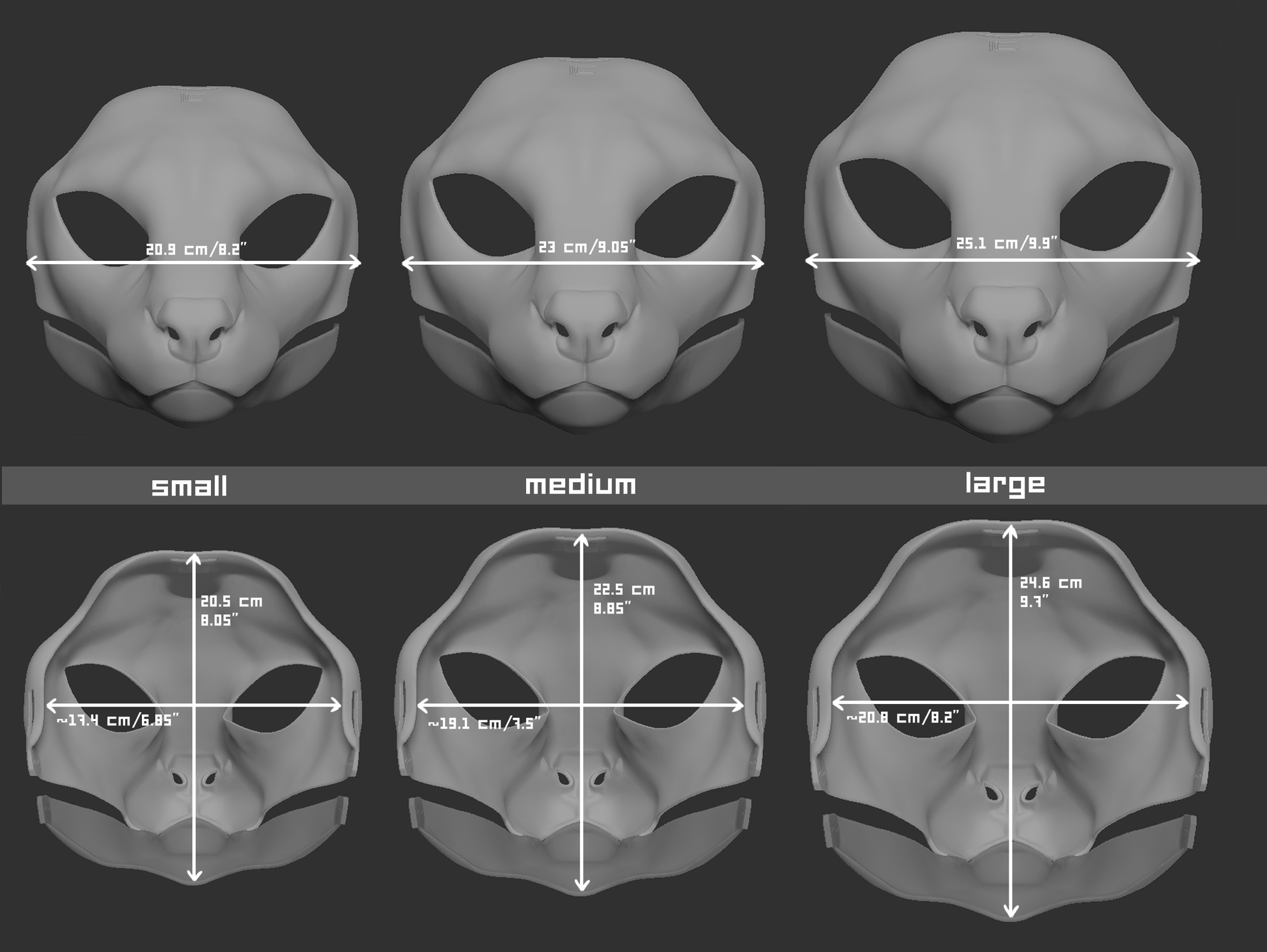 Size chart for a serval mask or fursuit base featuring three 3D light grey renderings with measurements labeled for small, medium, and large sizes on a dark grey background.