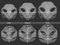 Size chart for a serval mask or fursuit base featuring three 3D light grey renderings with measurements labeled for small, medium, and large sizes on a dark grey background.