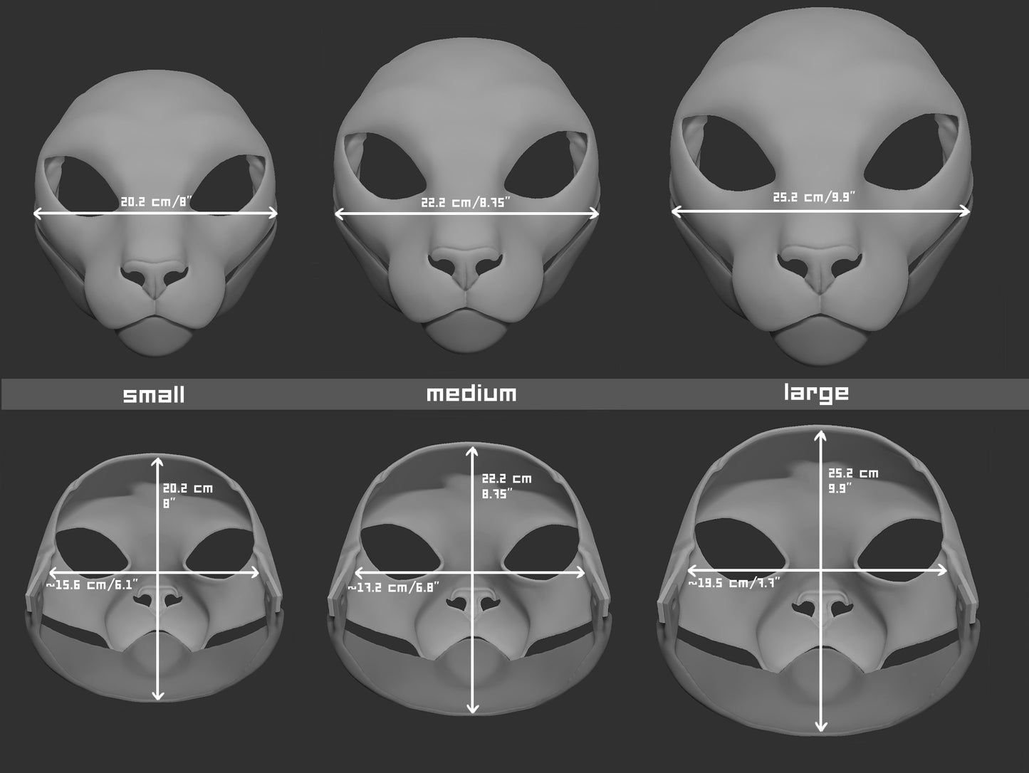 Size chart for a small feline mask or fursuit base featuring three 3D light grey renderings with measurements labeled for small, medium, and large sizes on a dark grey background.
